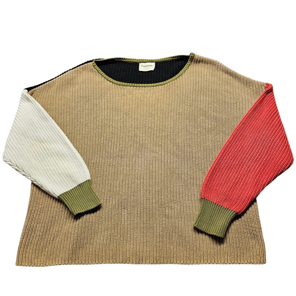 Callahan Knitwear Colorblock Shaker Knit Cotton Sweater Womens M Tan Black Multi